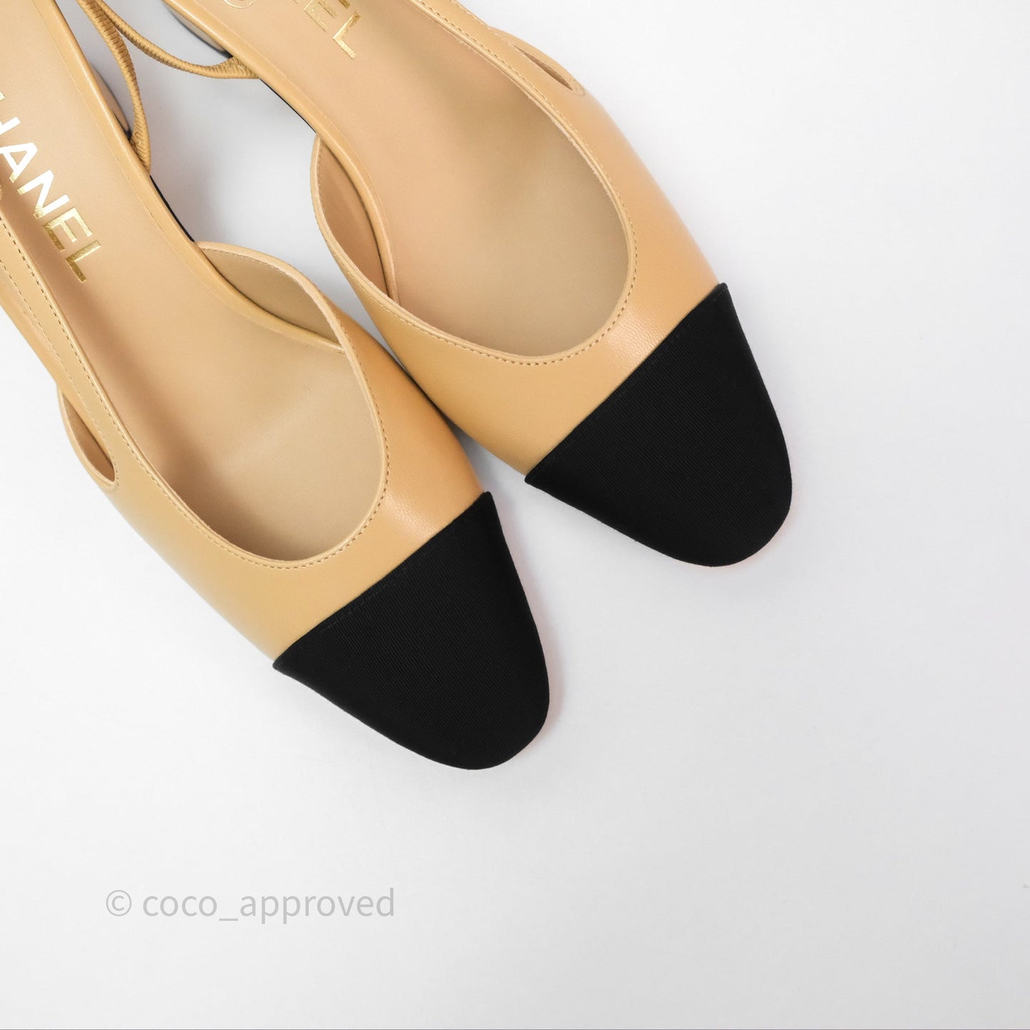 Chanel Classic Slingback Beige Black Leather Size 38