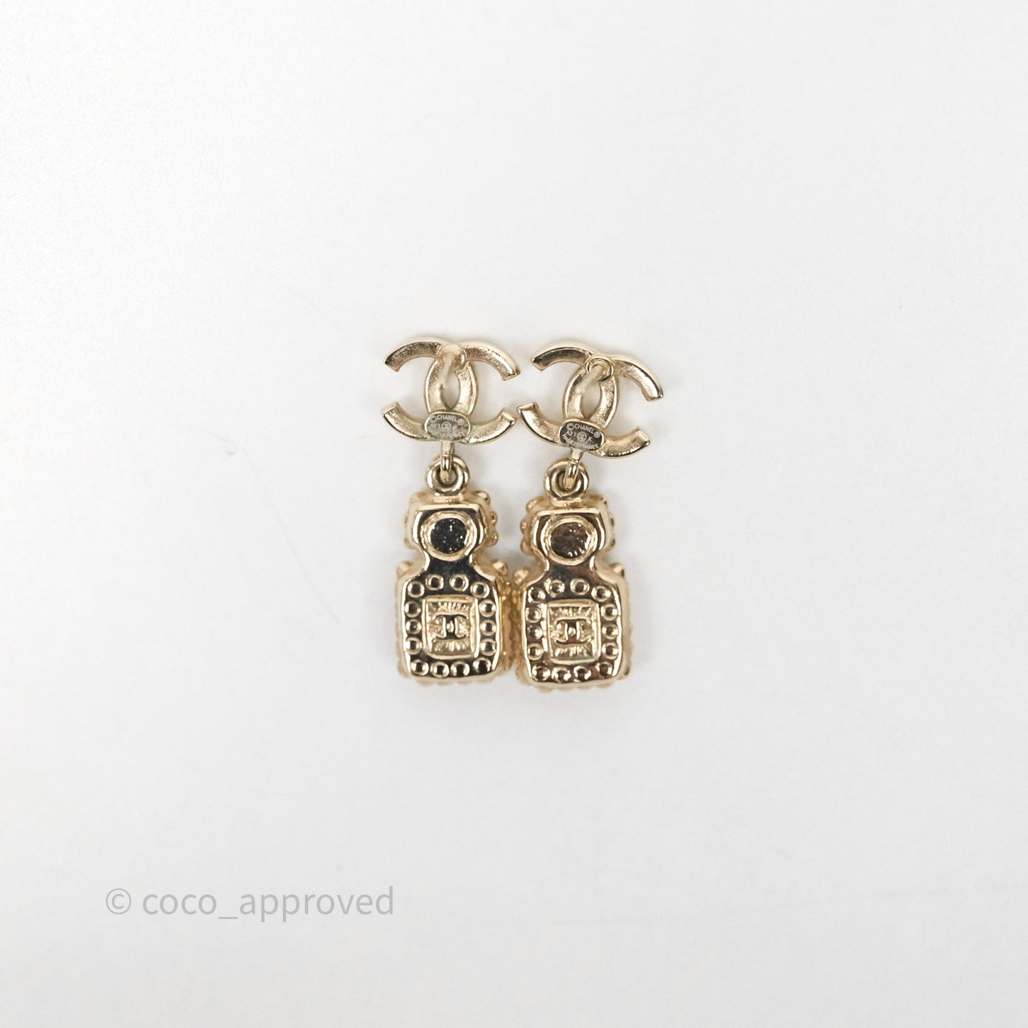 Chanel CC Crystal Perfume Bottle Earrings Gold Tone 21K