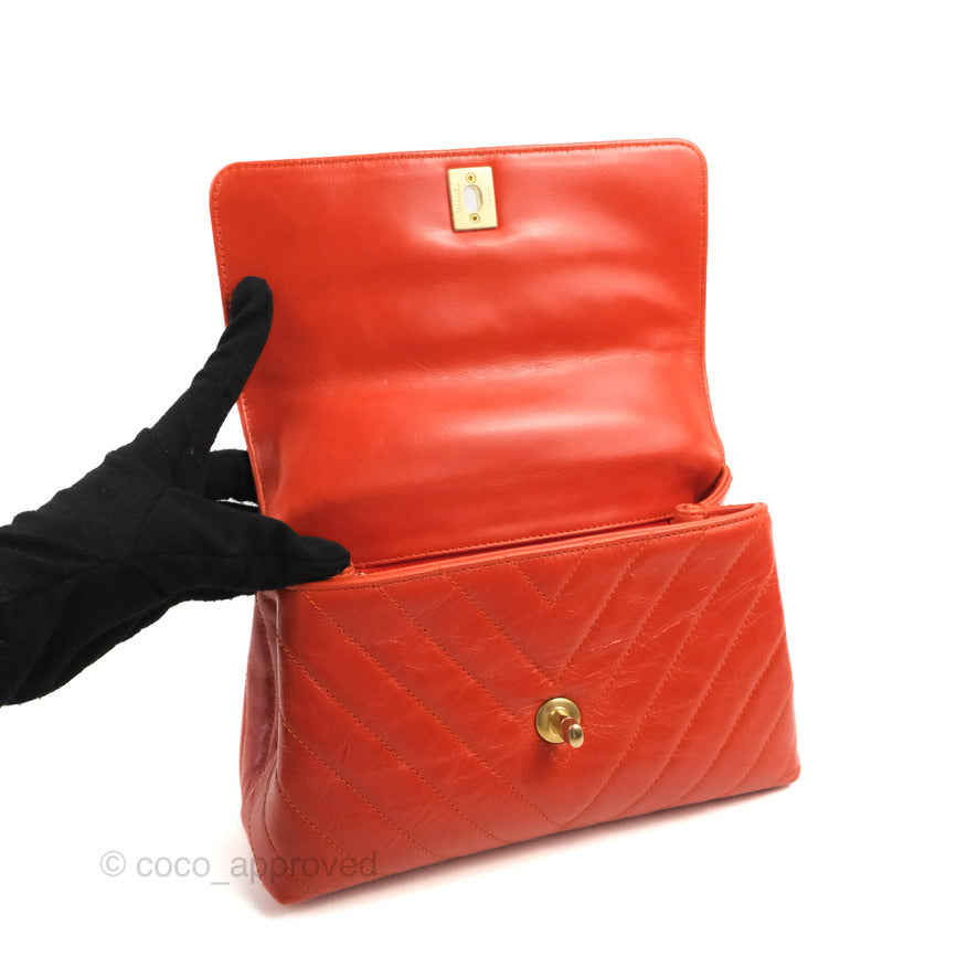 Chanel Chevron Small Coco Handle Dark Orange Shiny Aged Calfskin Aged Gold Hardware
