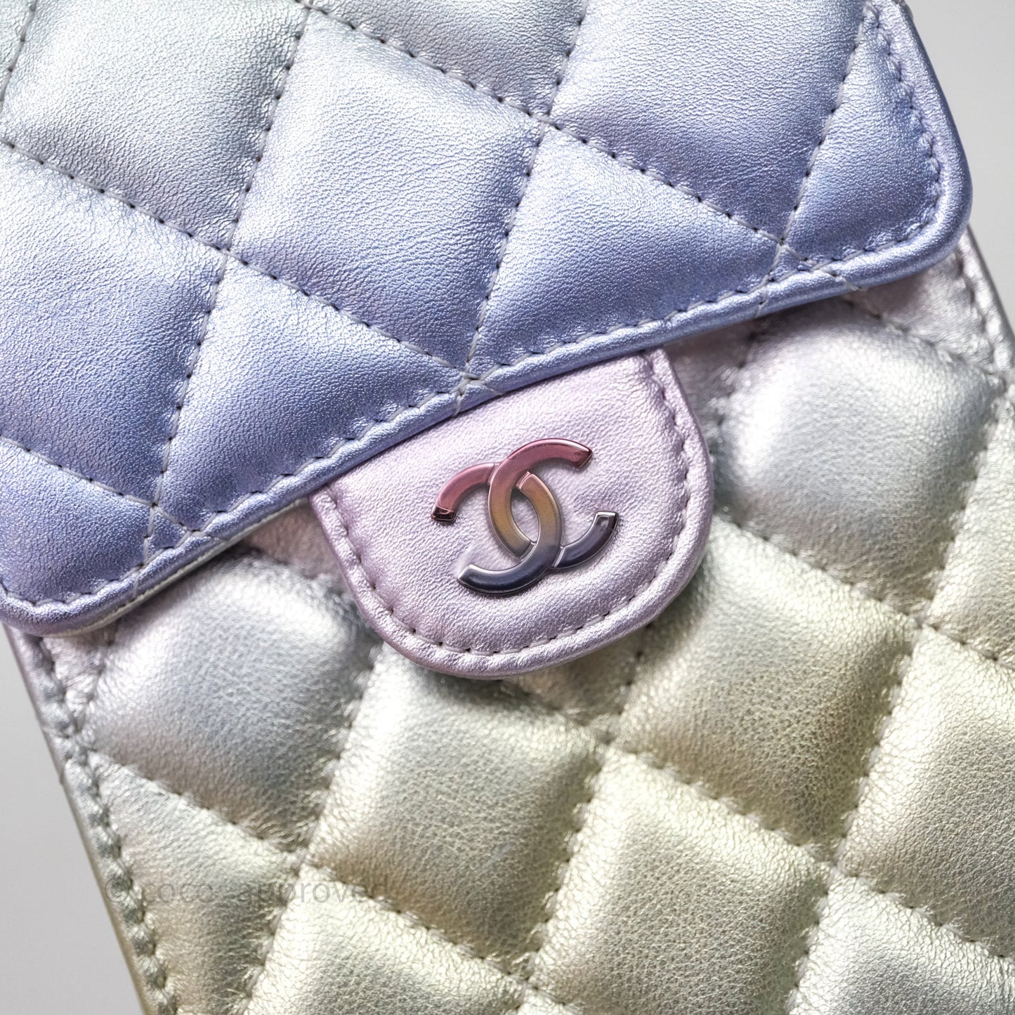 Chanel Classic Quilted Metallic Rainbow Lambskin Phone Holder Rainbow Hardware