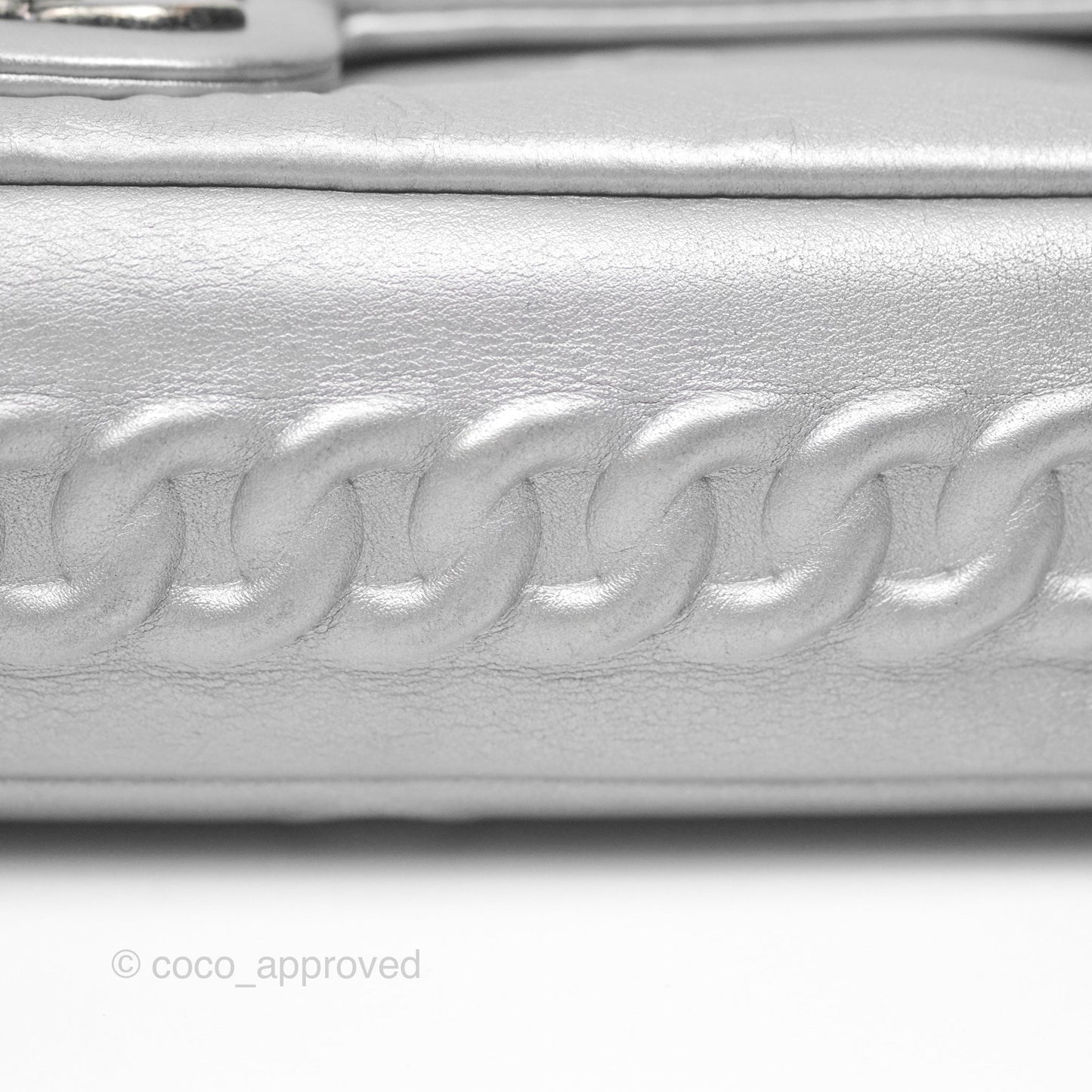 Chanel Medium Single Flap Embossed Metallic Silver Lambskin Ruthenium Hardware