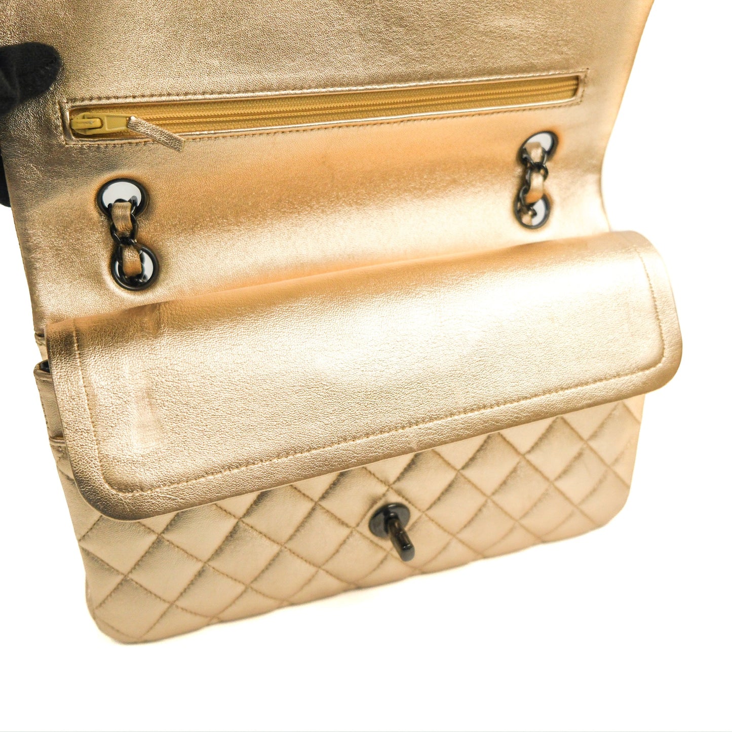 Chanel Classic M/L Medium Flap Quilted Metallic Gold Lambskin Gun Metal