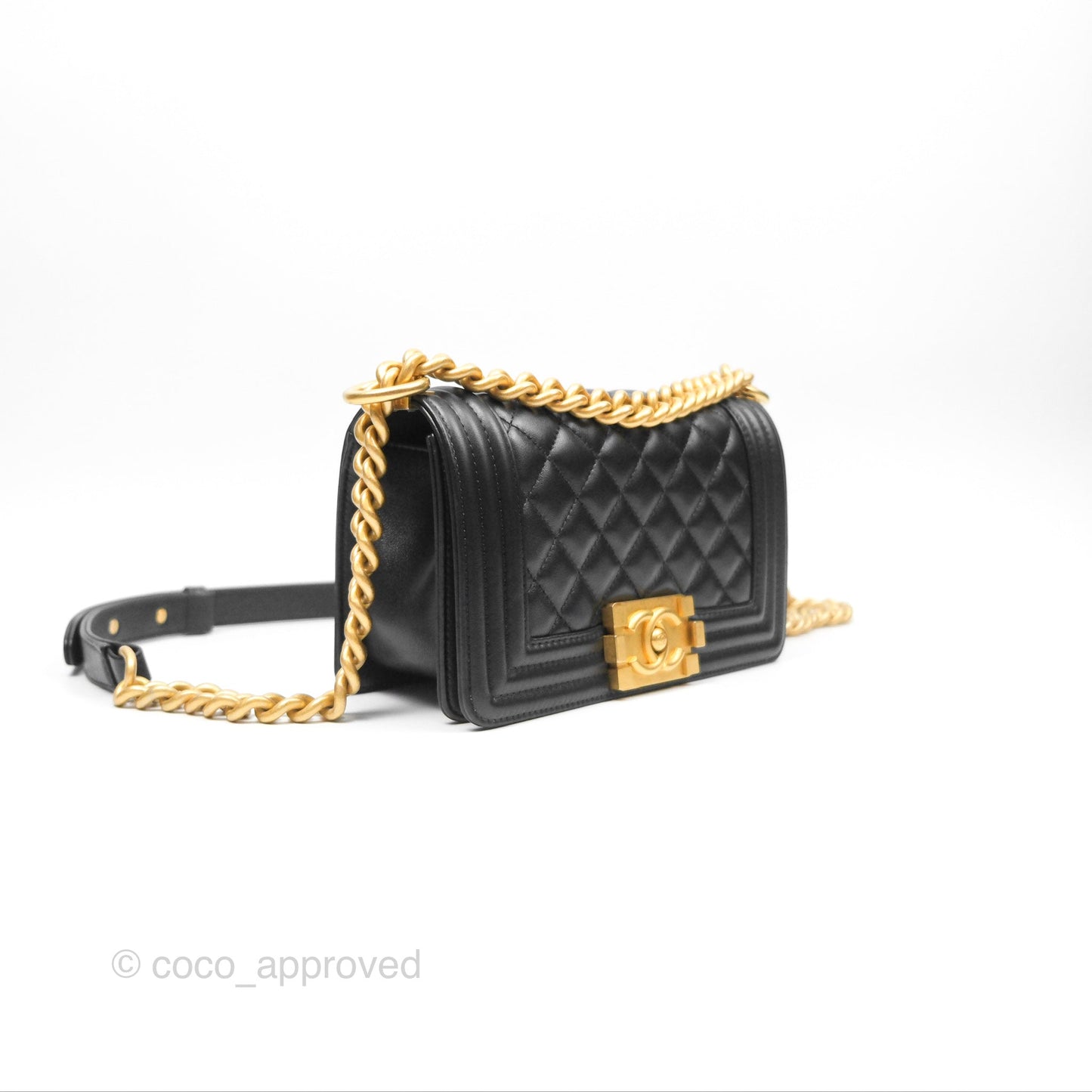 Chanel Small Boy Quilted Black Calfskin Aged Gold Hardware