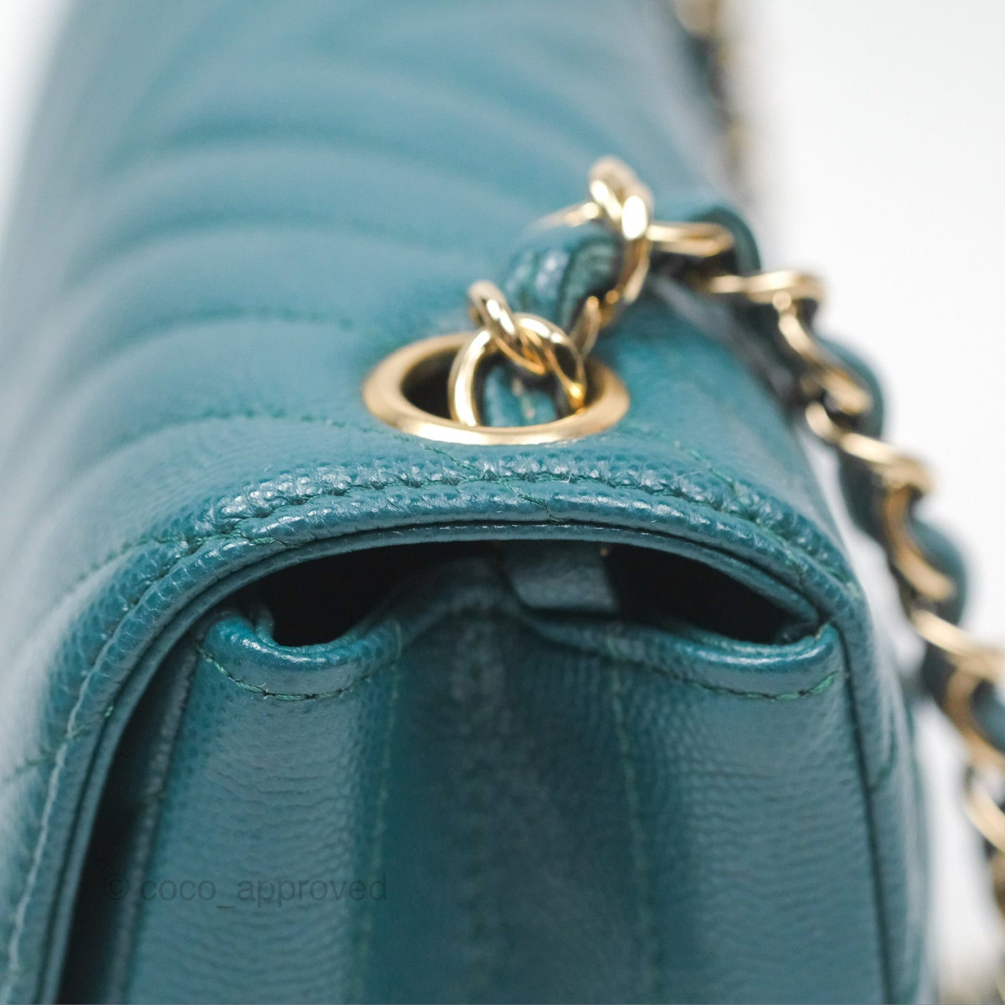 Chanel Mini Square Flap Chevron Teal Caviar Gold Hardware
