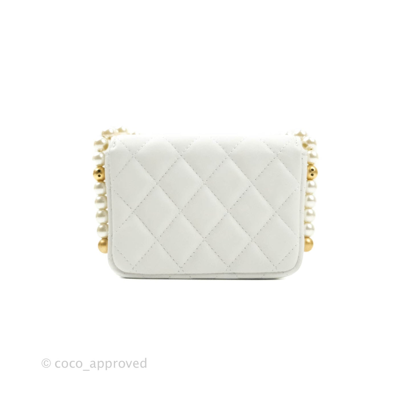 Chanel Flap Card Holder With Pearl Chain White Calfskin Aged Gold Hardware