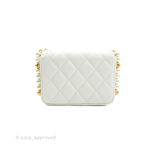 Chanel Flap Card Holder With Pearl Chain White Calfskin Aged Gold Hardware