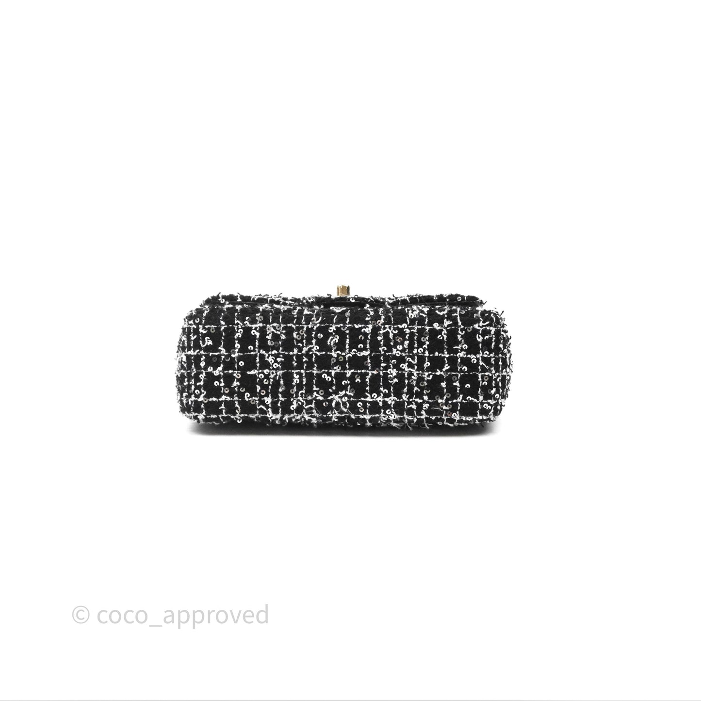 Chanel Top Handle Mini Rectangular Flap Black/ White Sequin Tweed Gold Hardware 24P