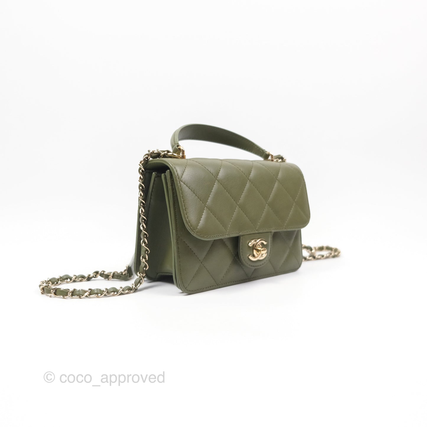 Chanel Small Coco Lady Quilted Flap Bag With Top Handle Olive Green Calfskin Gold Hardware