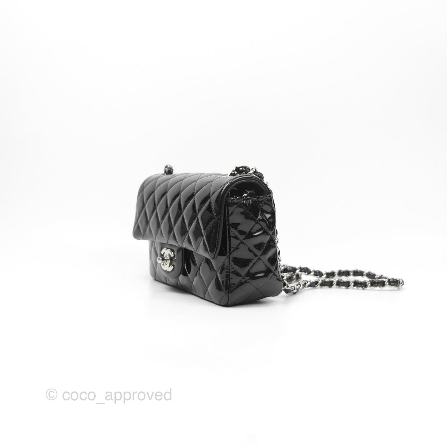 Chanel Quilted Mini Rectangular Flap Black Patent Silver Hardware