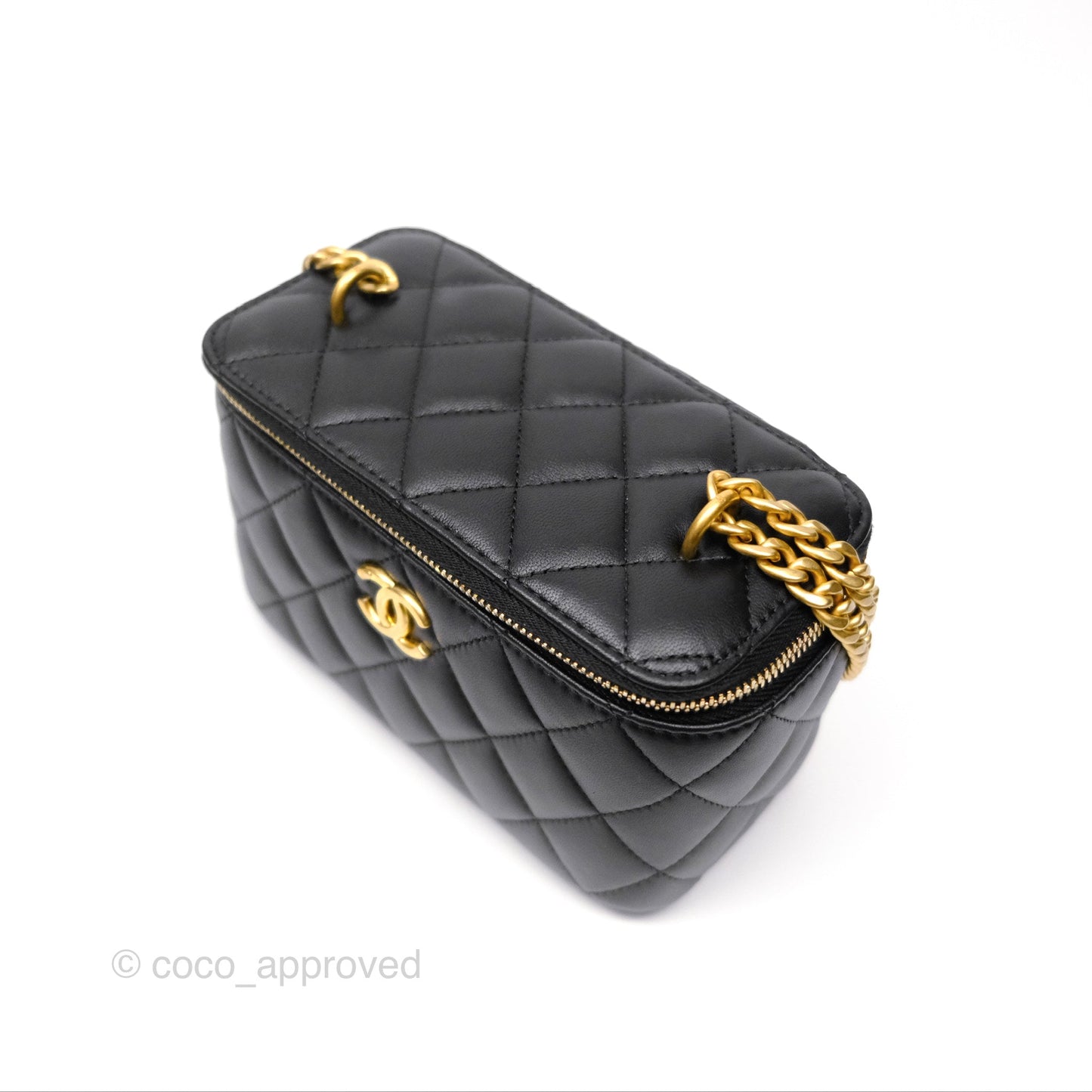 Chanel Quilted Vanity Rectangular with Camellia Adjustable Chain Black Lambskin 23S