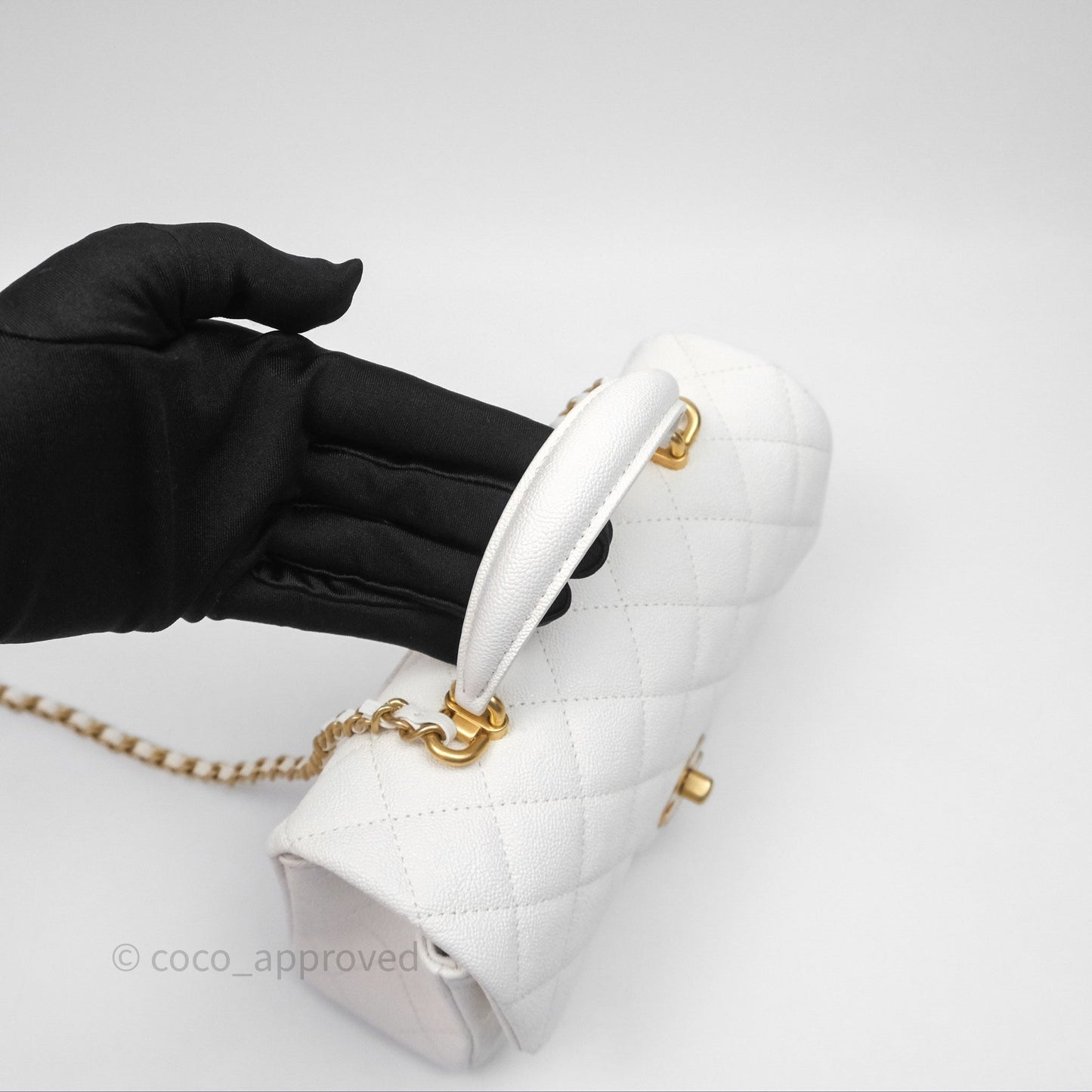 Chanel Top Handle Mini Rectangular Flap Bag Ivory White Caviar Aged Gold Hardware