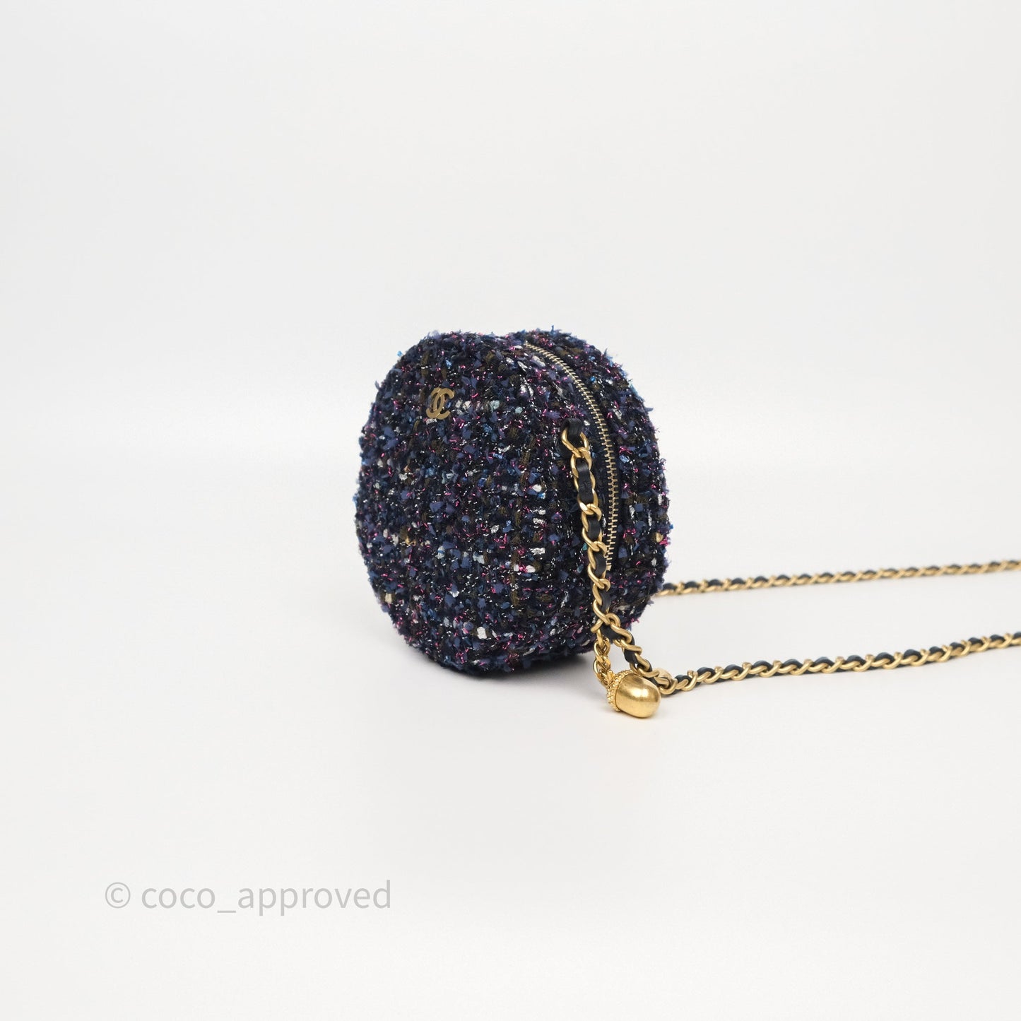Chanel Charms Round Clutch With Chain Navy Purple Tweed Aged Gold Hardware