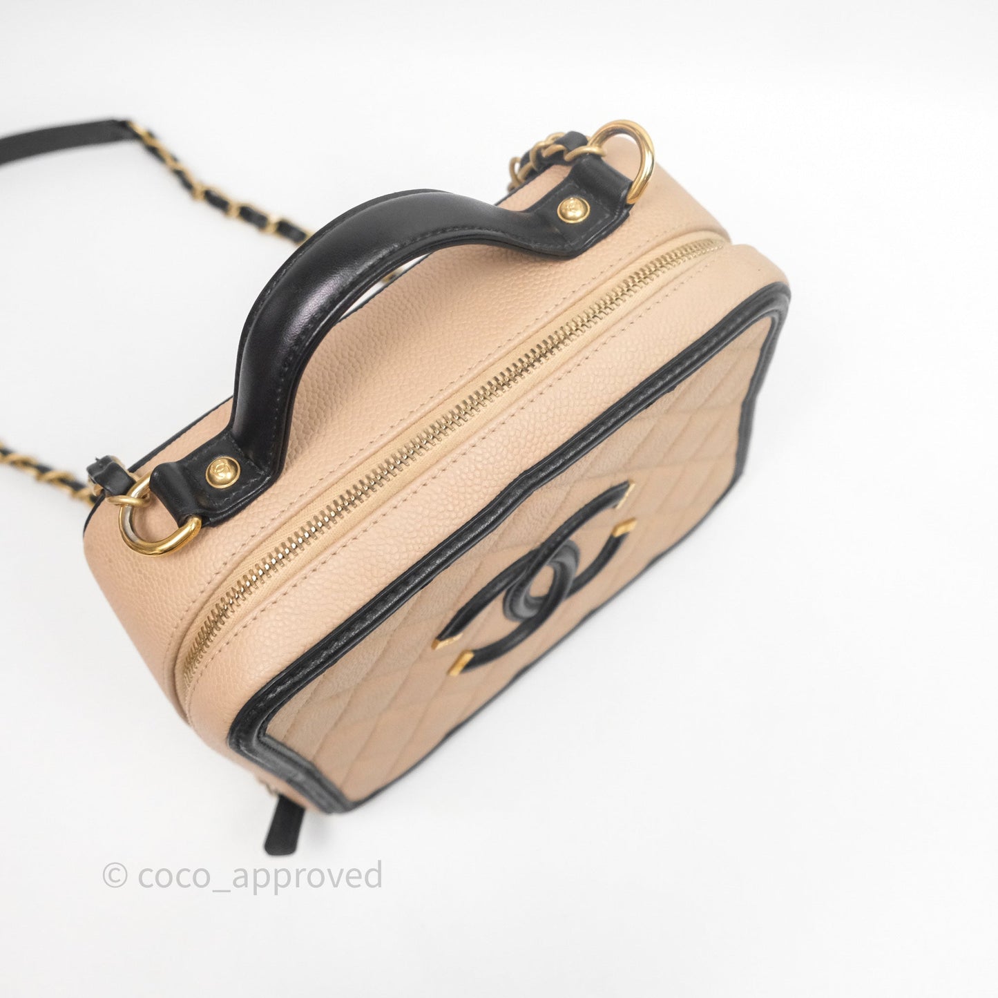 Chanel Medium CC Filigree Vanity Case Quilted Beige Black Caviar