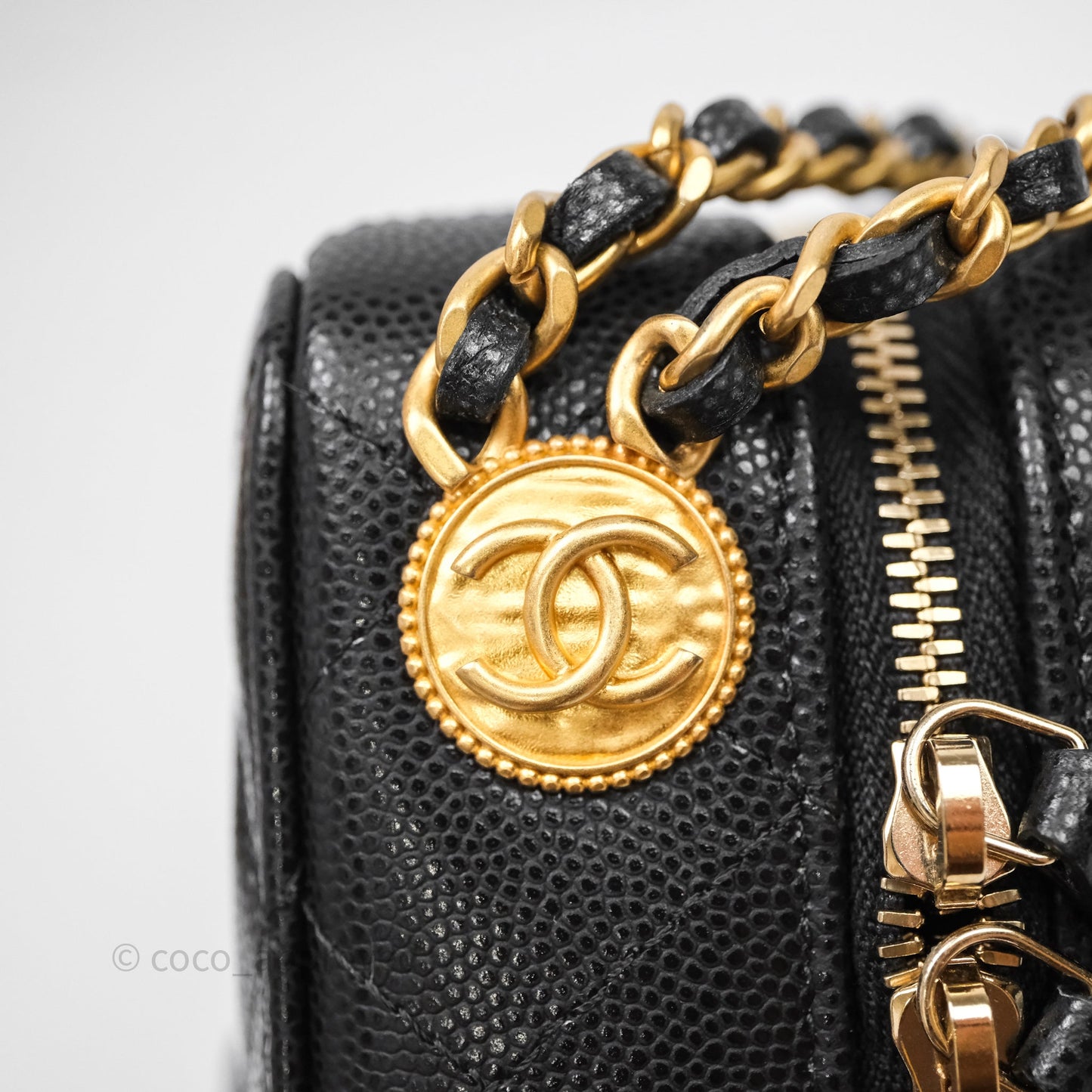 Chanel Quilted CC Coins Purse Chain Camera Case Black Caviar Aged Gold Hardware