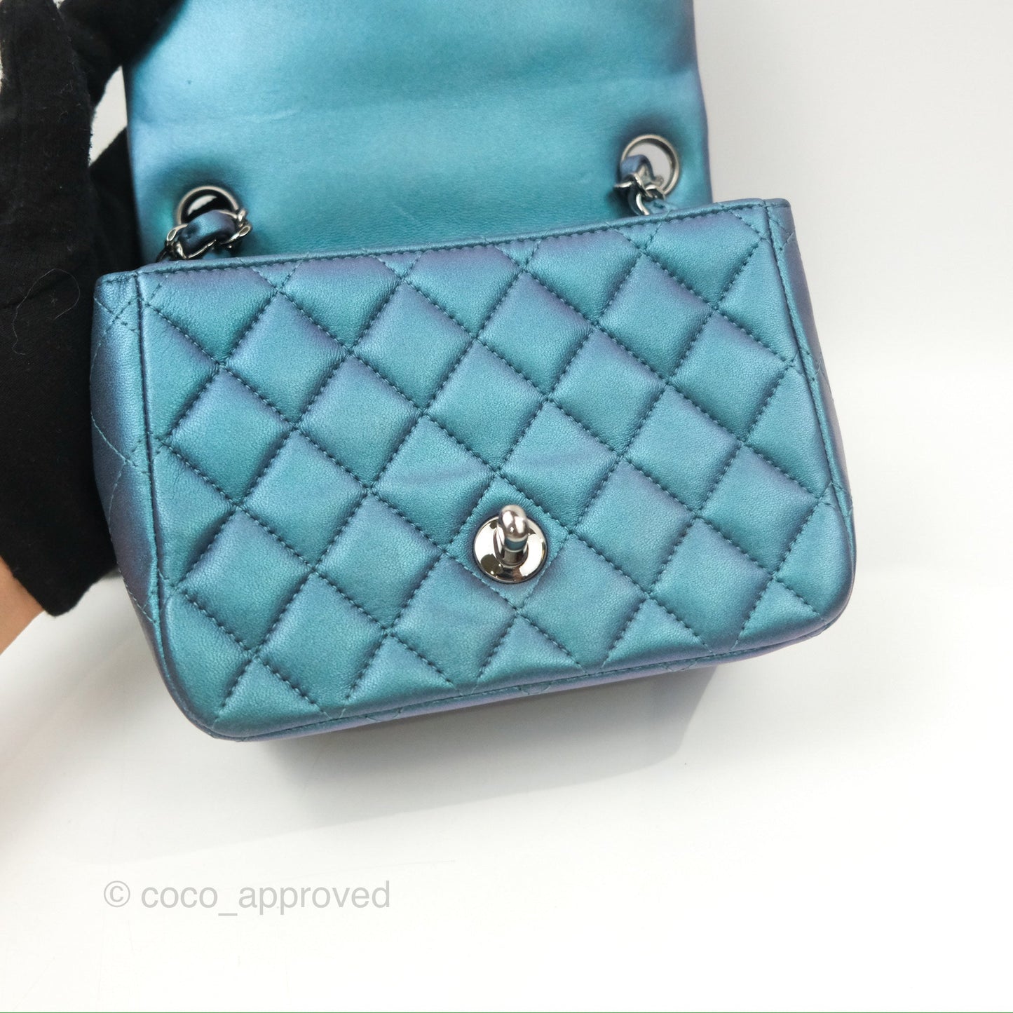 Chanel Mini Square Flap Quilted Iridescent Teal Lambskin Gun Metal