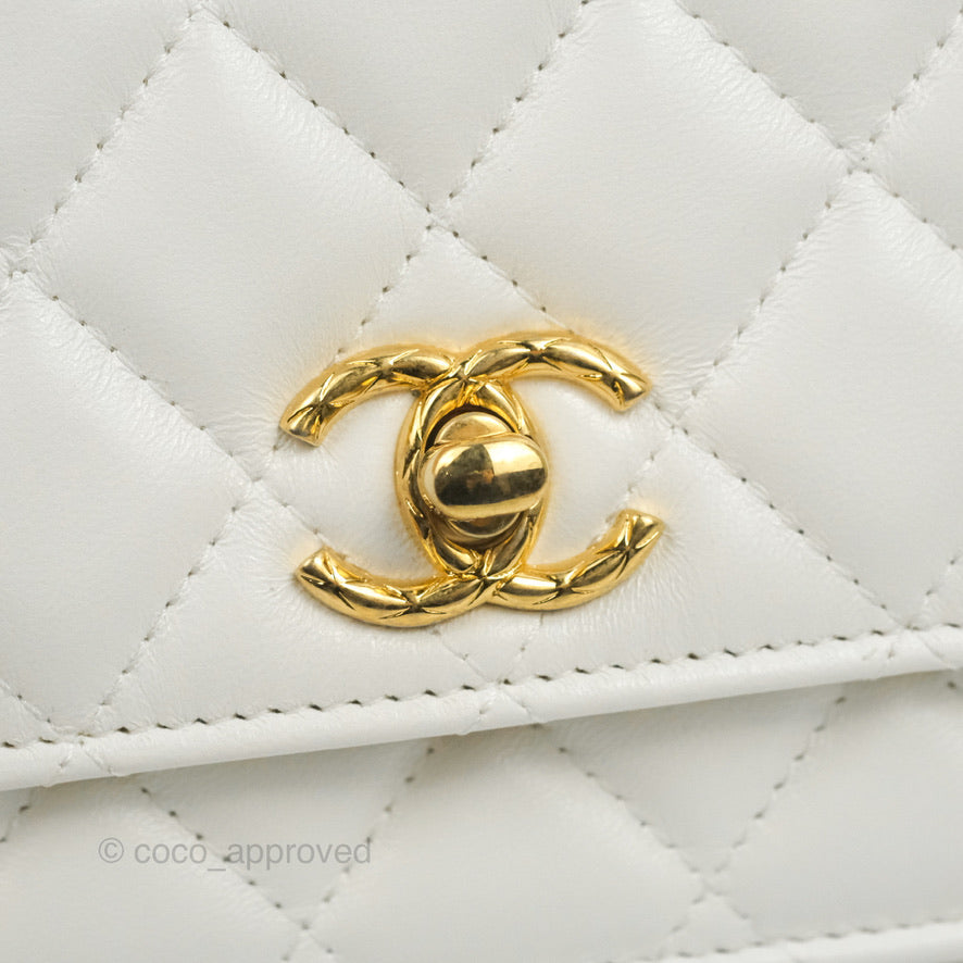 Chanel Quilted Double Chain WOC White Shiny Lambskin Aged Gold Hardware 23C
