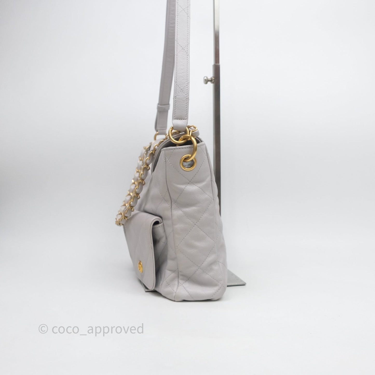 Chanel Double Pocket Hobo Bag Grey Caviar Aged Gold Hardware