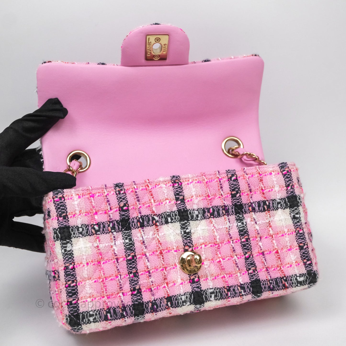 Chanel Quilted Mini Rectangular Flap Pink Tweed Gold Hardware
