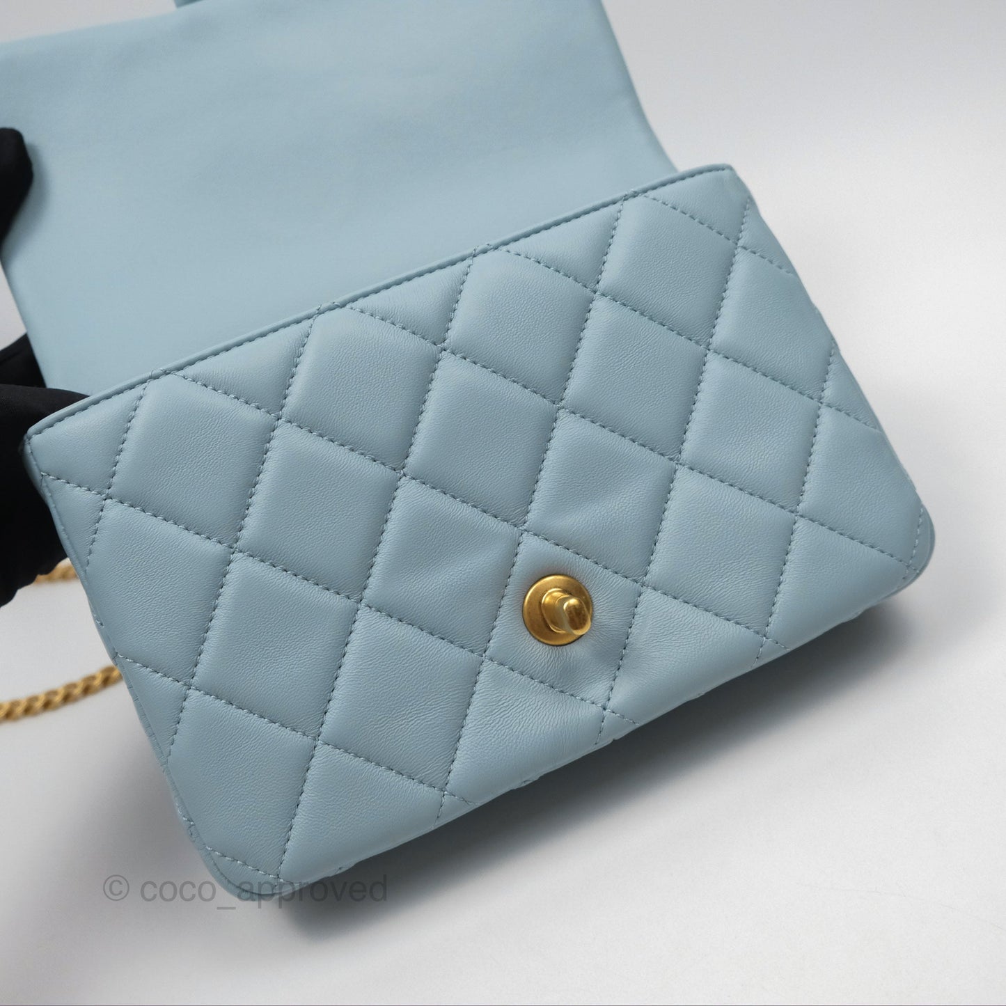 Chanel Quilted Enamel Pending CC Small Square Flap Baby Blue Lambskin 22P
