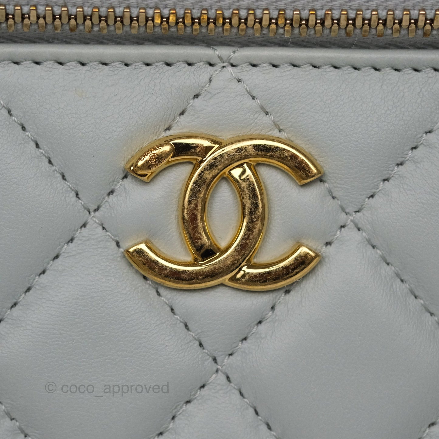 Chanel Quilted Vanity Rectangular with Chain Grey Blue Lambskin Gold Hardware