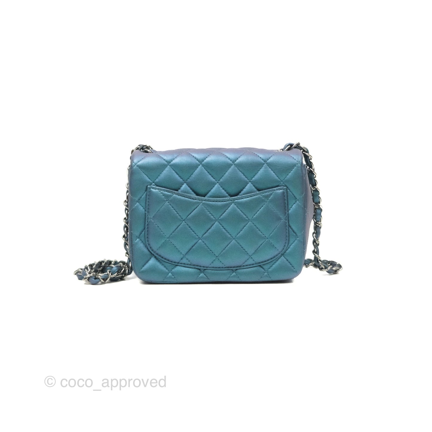 Chanel Mini Square Flap Quilted Iridescent Teal Lambskin Gun Metal