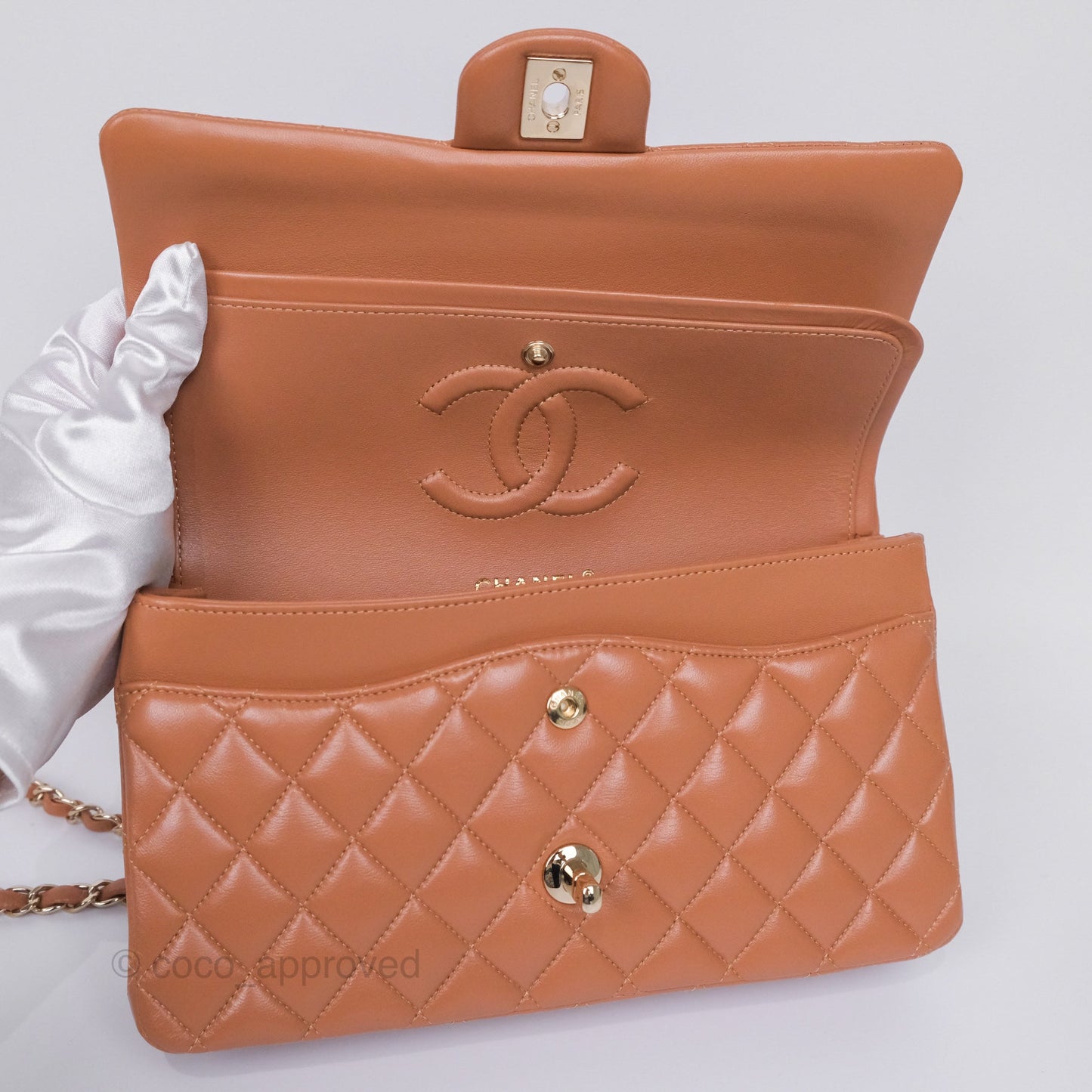 Chanel Medium Classic Quilted Flap Dark Beige Caramel Lambskin Gold Hardware