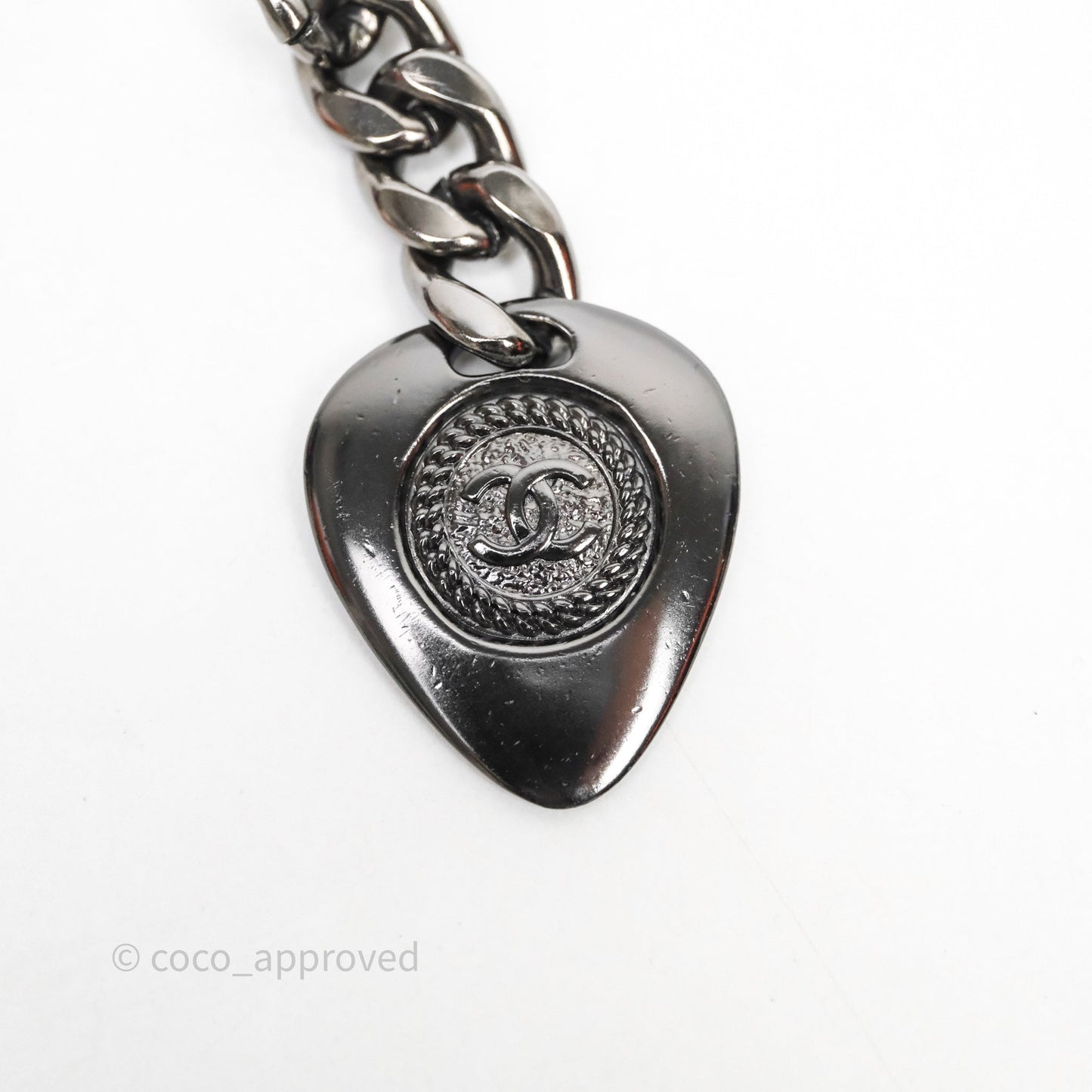 Chanel CC Guitar Charm Necklace Gun Metal Tone 20P