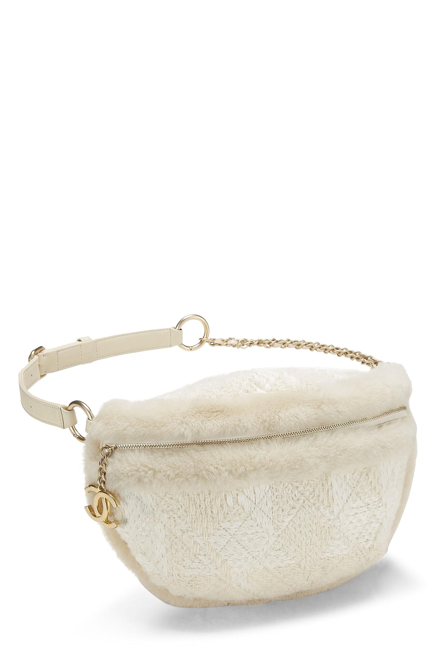 Chanel,  Ivory Tweed & Shearling Belt Bag, White