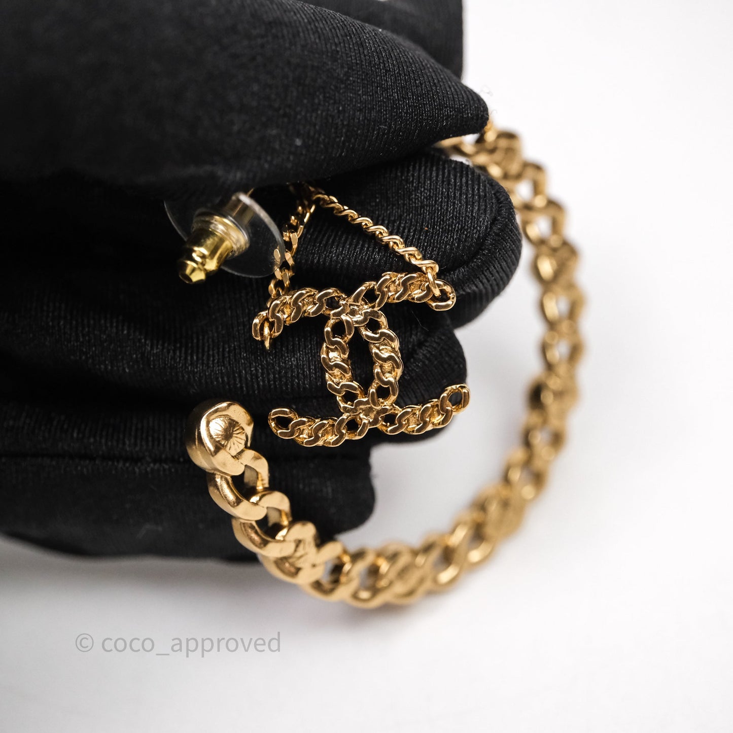 Chanel CC Pearl Crystal Hoop Earrings Gold Tone 21P