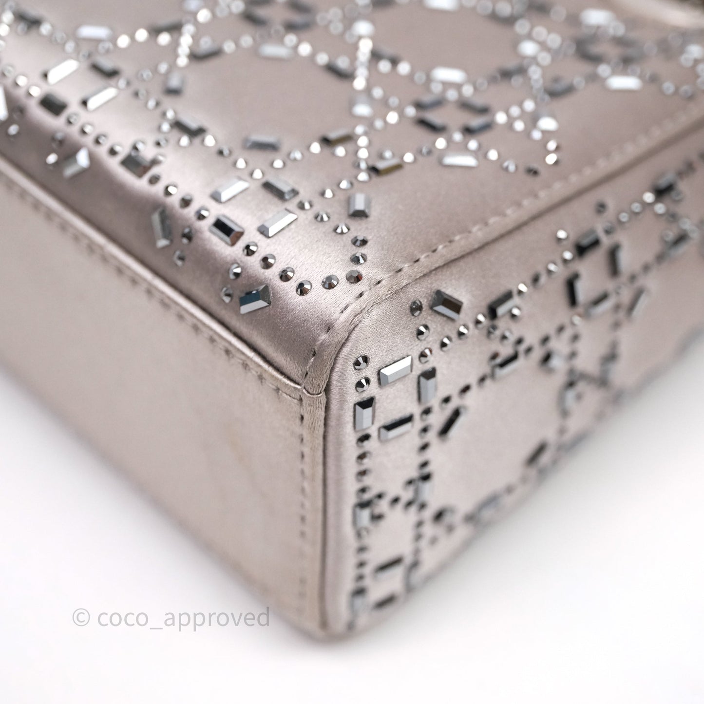 Christian Dior Mini Lady Dior Bag Grey Strass Cannage Satin Silver Hardware