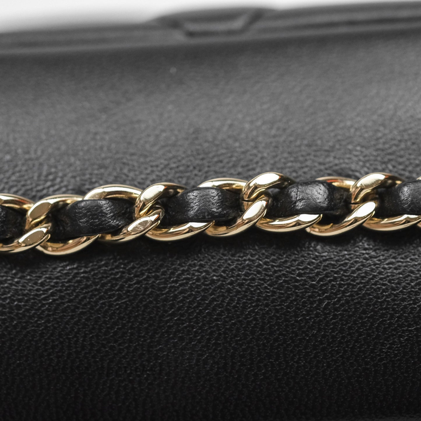 Chanel Logo Pearl Chain Flap Bag Black Lambskin Gold Hardware
