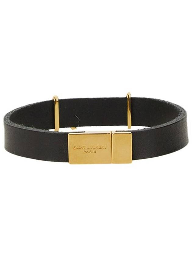 Luxury Saint Laurent Opyum Silver Logo Leather Bracelet Black