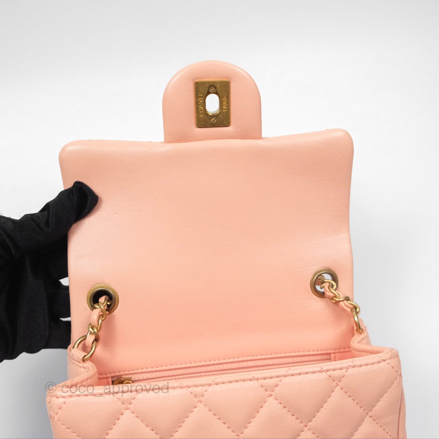 Chanel Pearl Crush Mini Square Quilted Peach Beige Lambskin Aged Gold Hardware