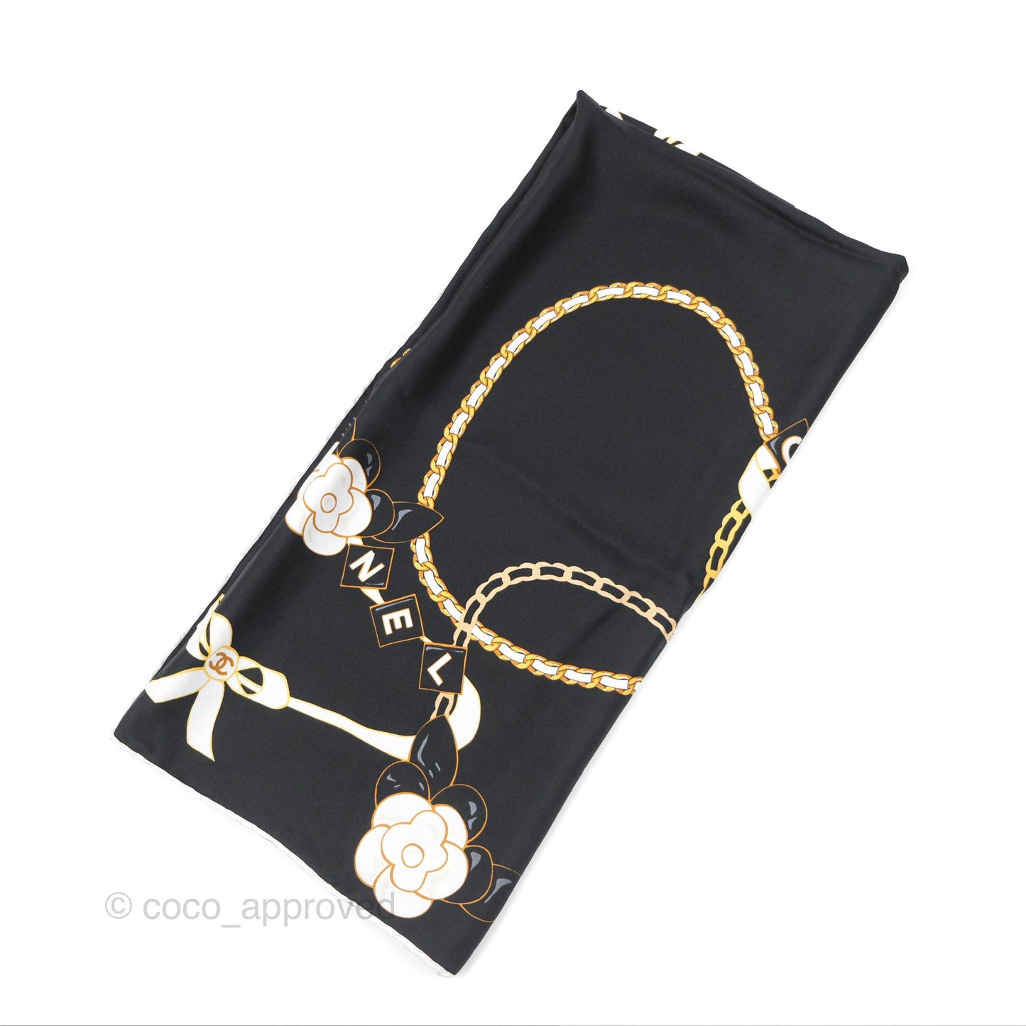 Chanel Camellia Square Silk Scarf 90 Black/ White