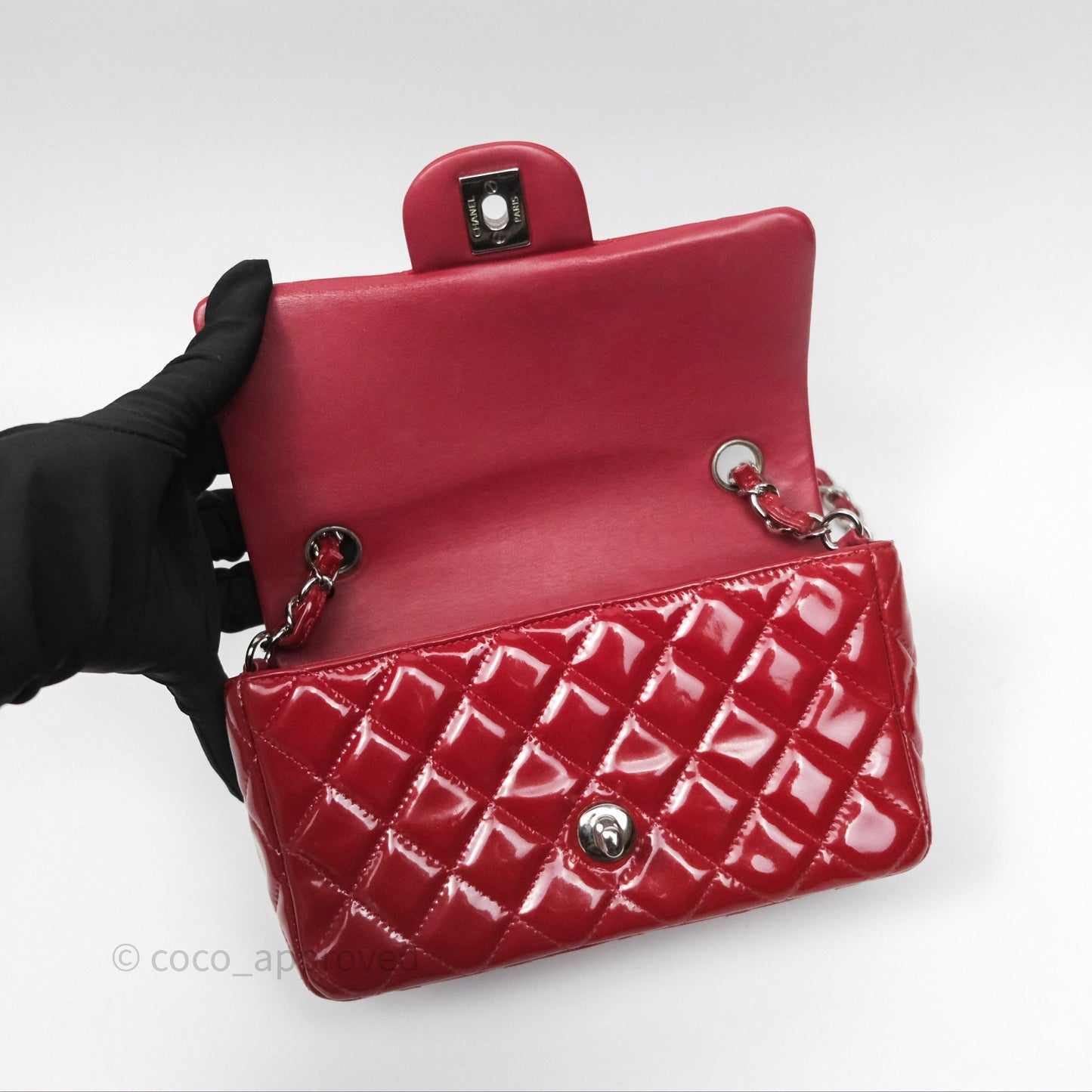 Chanel Quilted Mini Rectangular Flap Red Patent Silver Hardware