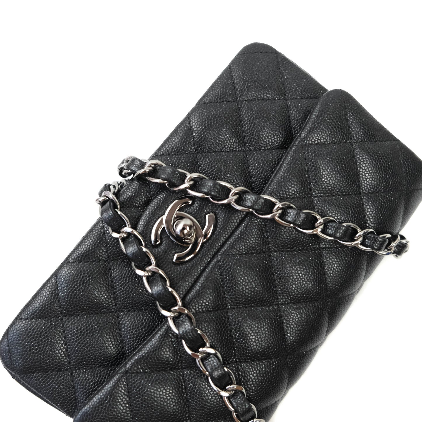 Chanel Classic Quilted Mini Rectangular Flap Iridescent Black Caviar Gun Metal 18C