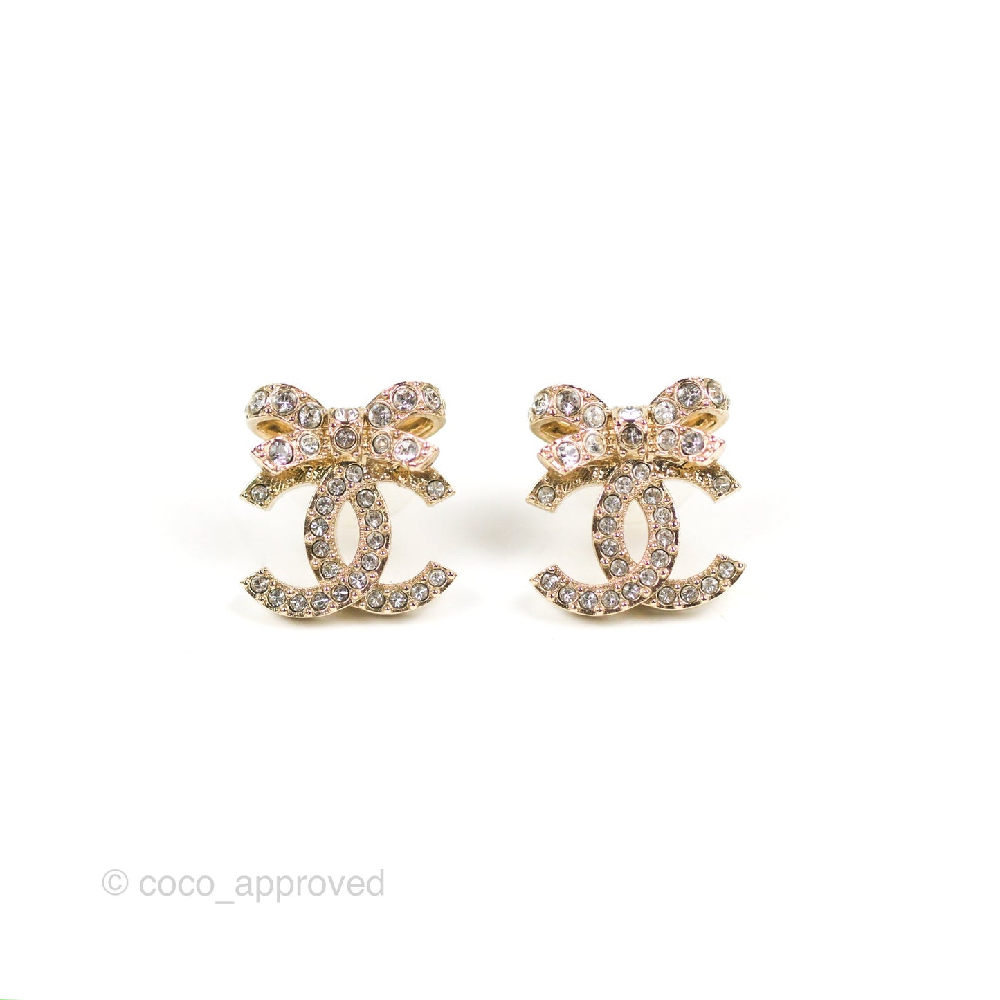 Chanel Crystal Ribbon Bow CC Earrings Gold Tone 23S