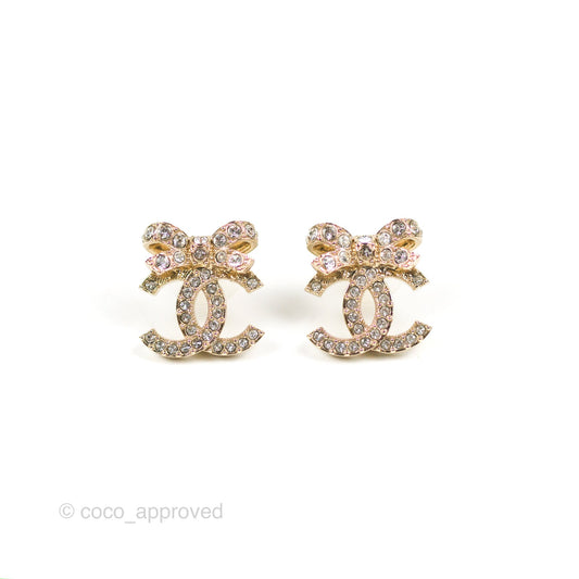 Chanel Crystal Ribbon Bow CC Earrings Gold Tone 23S