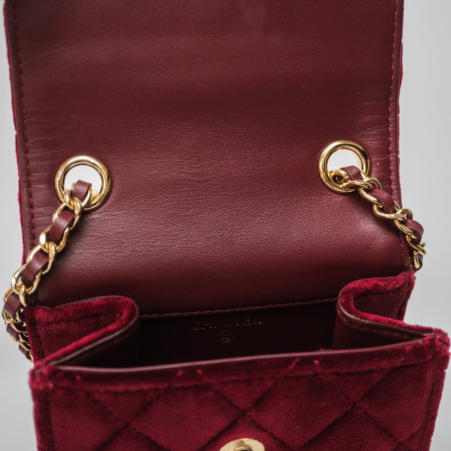 Chanel Quilted Phone Holder Crystals Pearl Crush Red Velvet Gold Hardware