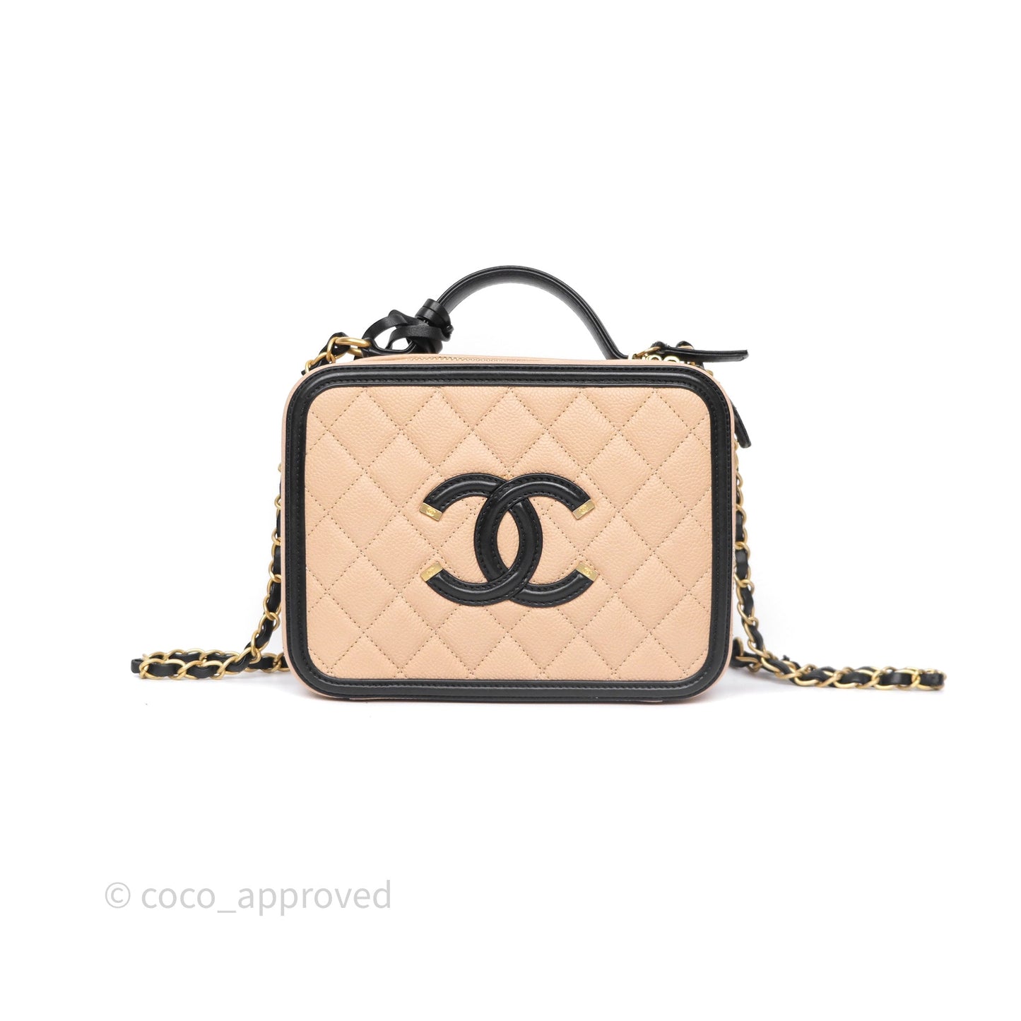Chanel Quilted Medium CC Filigree Vanity Case Beige Black Caviar Aged Gold Hardware