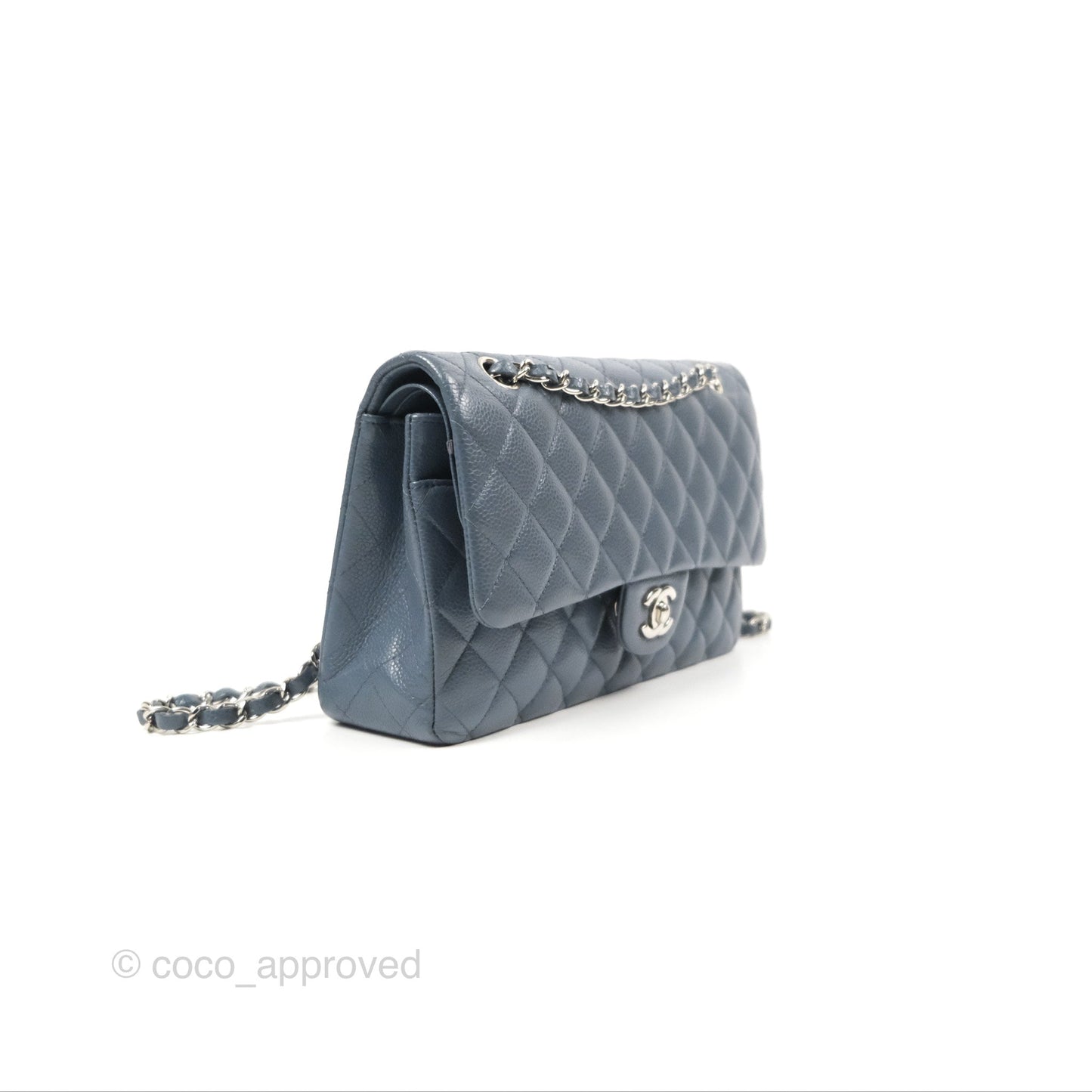 Chanel Classic Double Flap Quilted M/L Blue Caviar Silver Hardware
