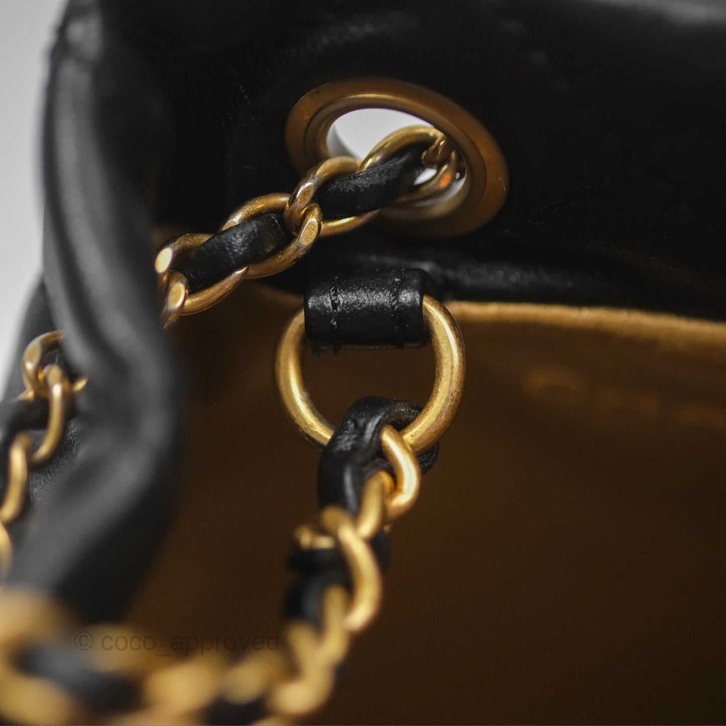 Chanel Pearl Crush Bucket Bag Black Lambskin Aged Gold Hardware 22S