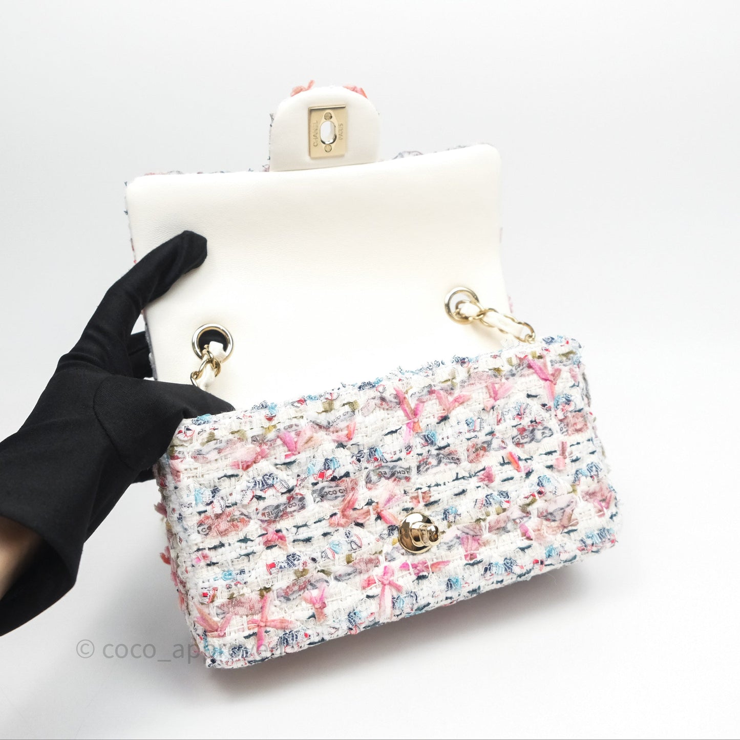 Chanel Tweed Quilted Mini Rectangular Flap Pink Tweed Gold Hardware 22K