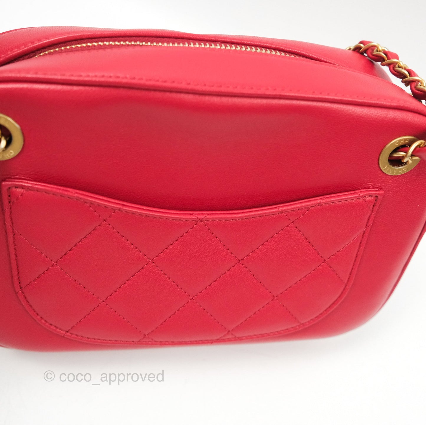 Chanel Chain Infinity Camera Case Red Goatskin Aged Gold Hardware