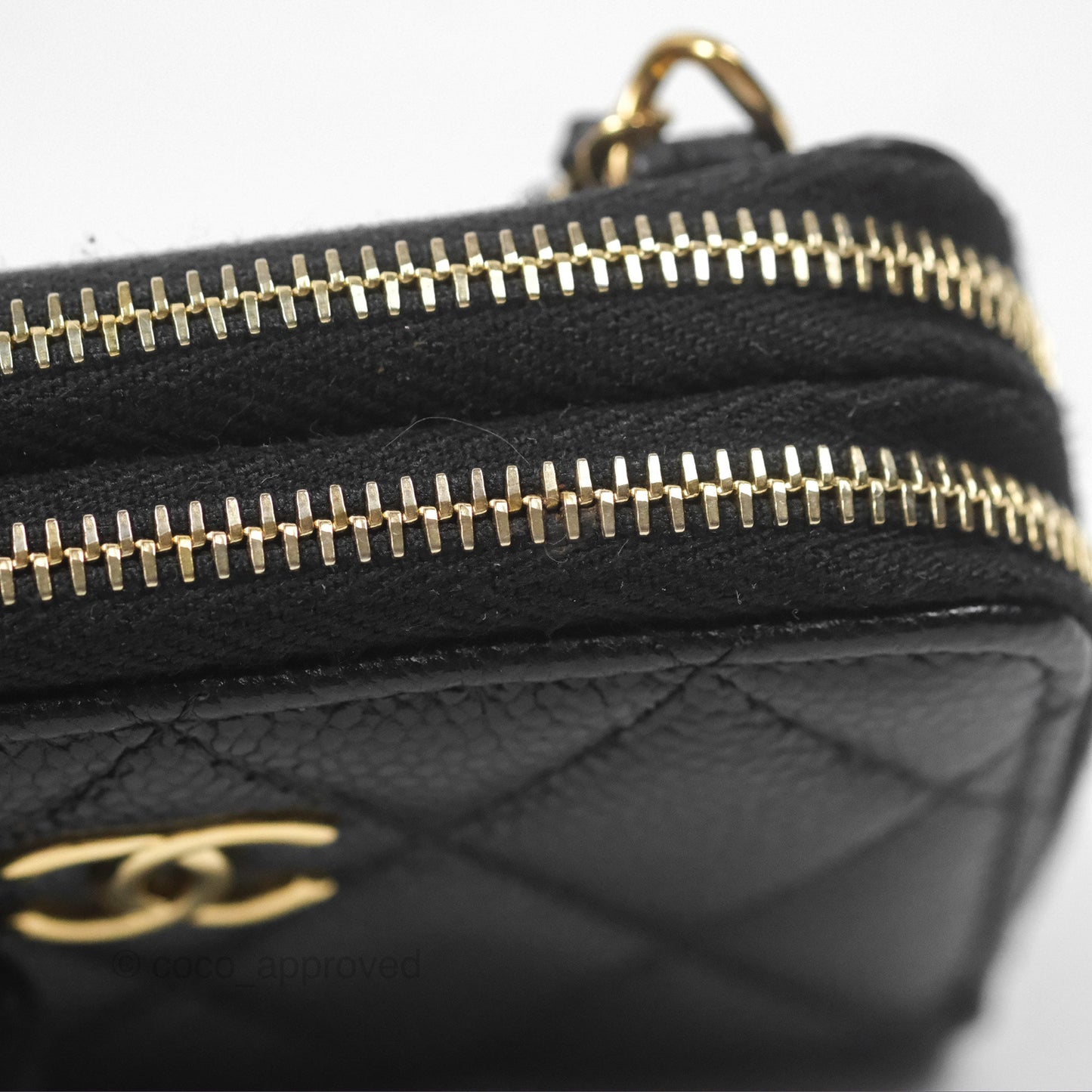 Chanel Miss Coco Quilted Zip Card Holder on Chain Black Caviar Gold Hardware