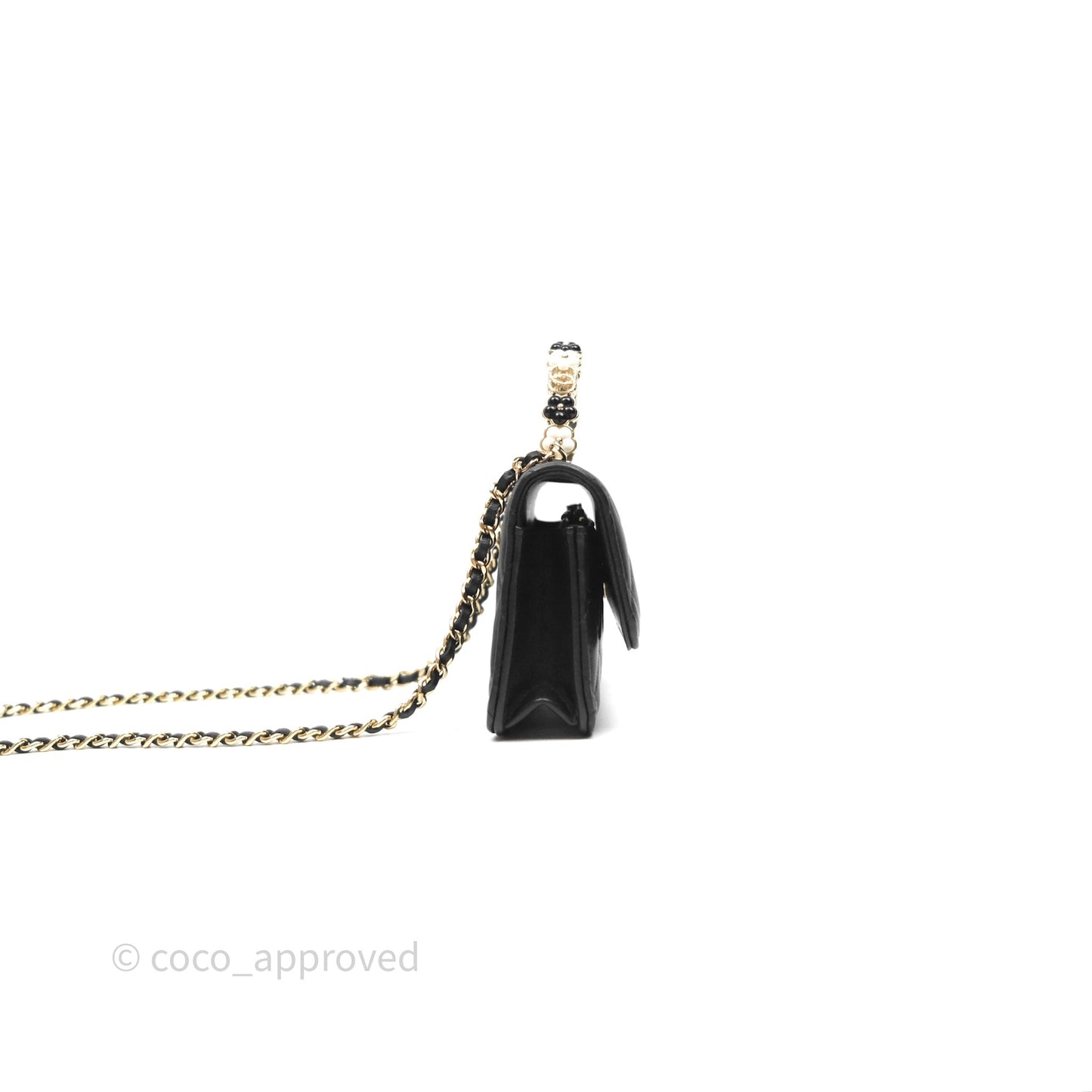 Chanel Camellia Handle Mini WOC Phone Holder with Chain Black Lambskin 23K