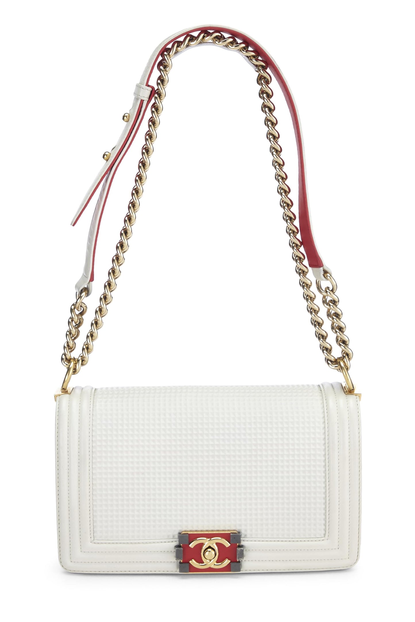 Chanel,  White Cube Embossed Calfskin Boy Bag Medium, White