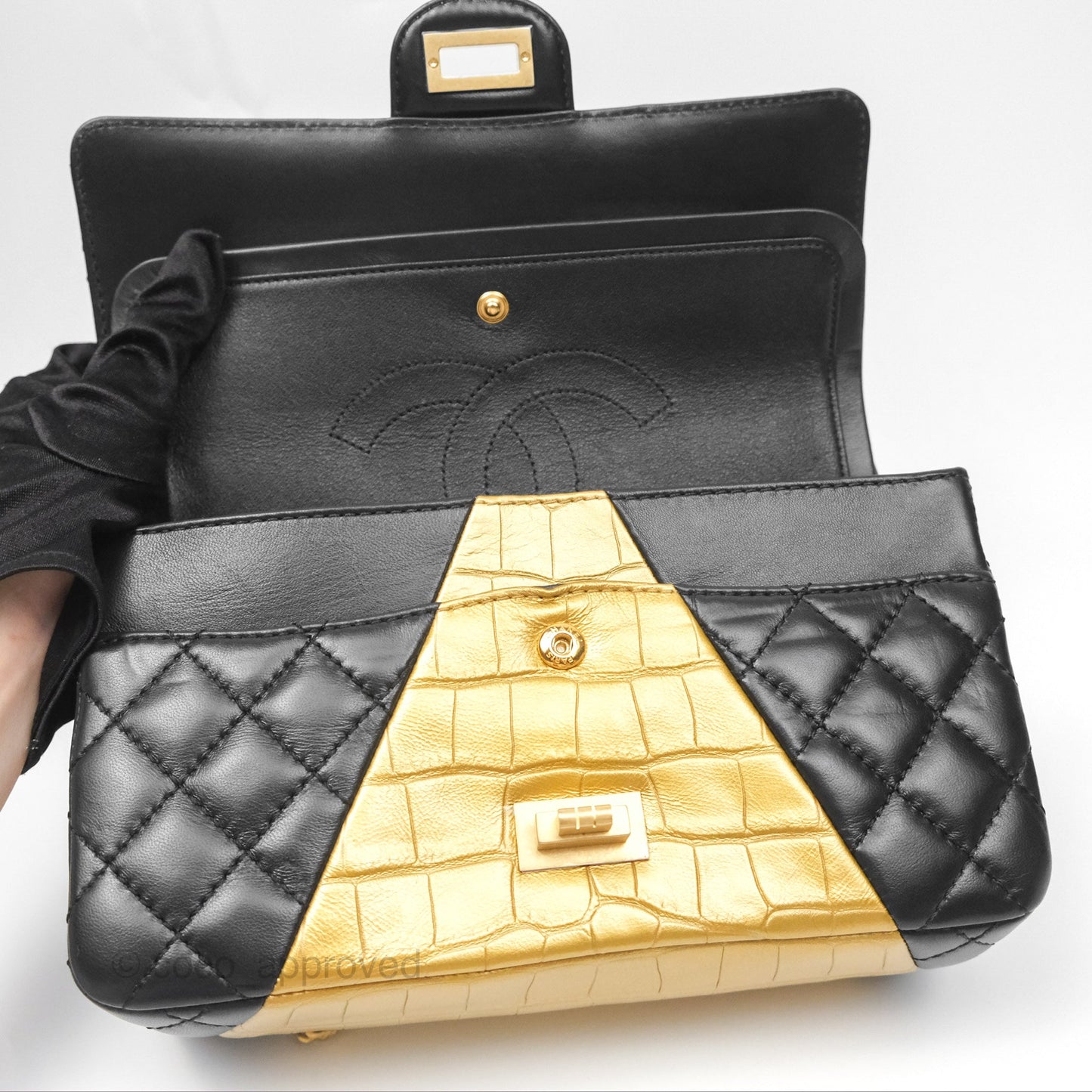 Chanel Reissue 2.55 Metallic Gold Crocodile Embossed Calfskin And Black Quilted Lambskin Aged Gold Hardware