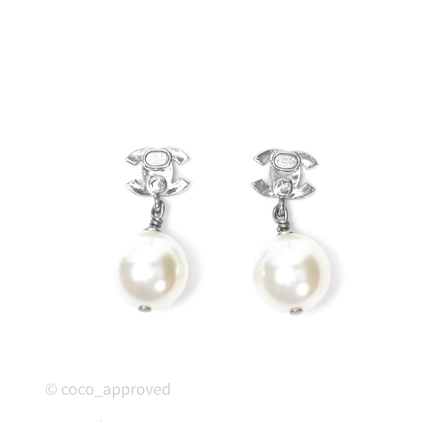 Chanel CC Crystal Pearl Drop Earrings Silver Tone 24V