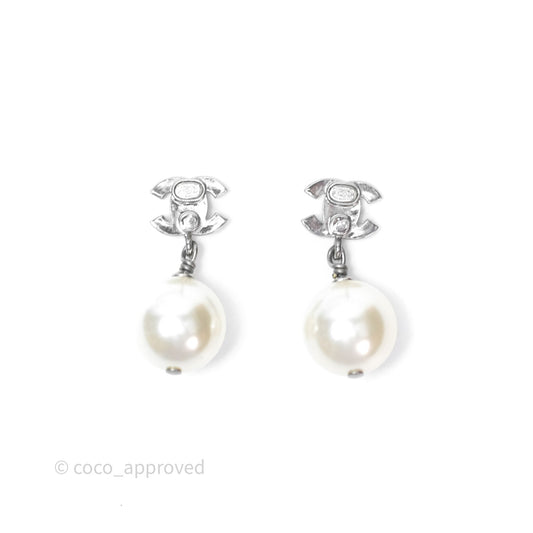 Chanel CC Crystal Pearl Drop Earrings Silver Tone 24V